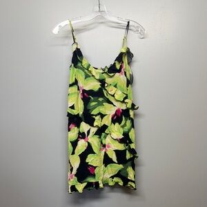 Green Tropical Floral Ruffle Mini Dress